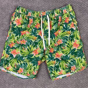 Fair Harbor The Anchor Swim Trunks Shorts Men's Large Floral Hibiscus Green